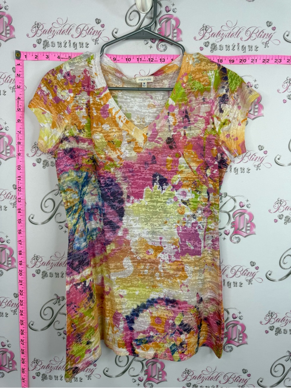 Maurices Multicolor Short Sleeve V-Neck Top - Pink, Yellow, Green, Blue